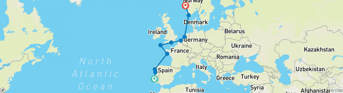 Image of a map showing the route of the tour