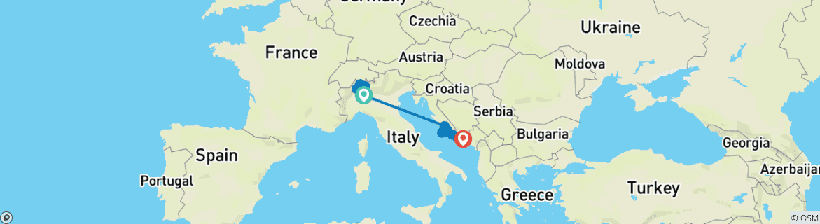 Image of a map showing the route of the tour