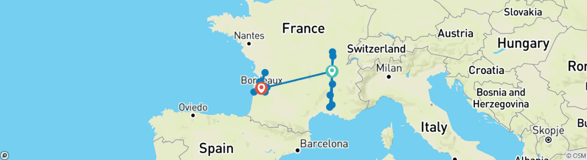 Image of a map showing the route of the tour