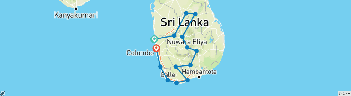 Image of a map showing the route of the tour