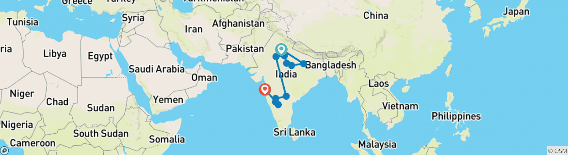 Image of a map showing the route of the tour