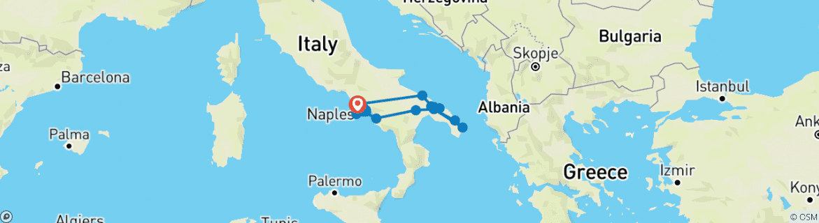 Image of a map showing the route of the tour