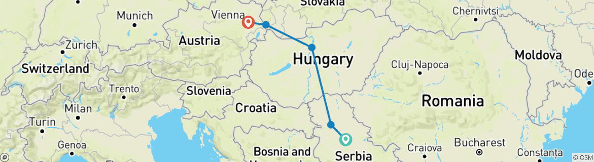 Image of a map showing the route of the tour