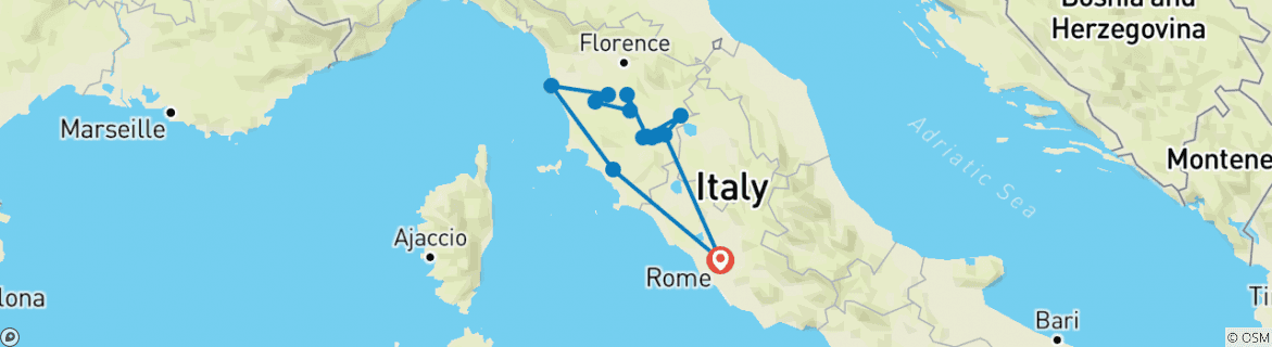 Image of a map showing the route of the tour