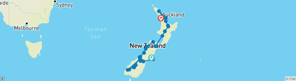 Mapa de Fiordos, volcanes y encuentros: de Christchurch a Auckland (21 días)