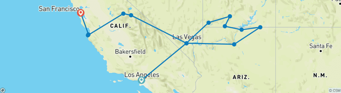 Image of a map showing the route of the tour