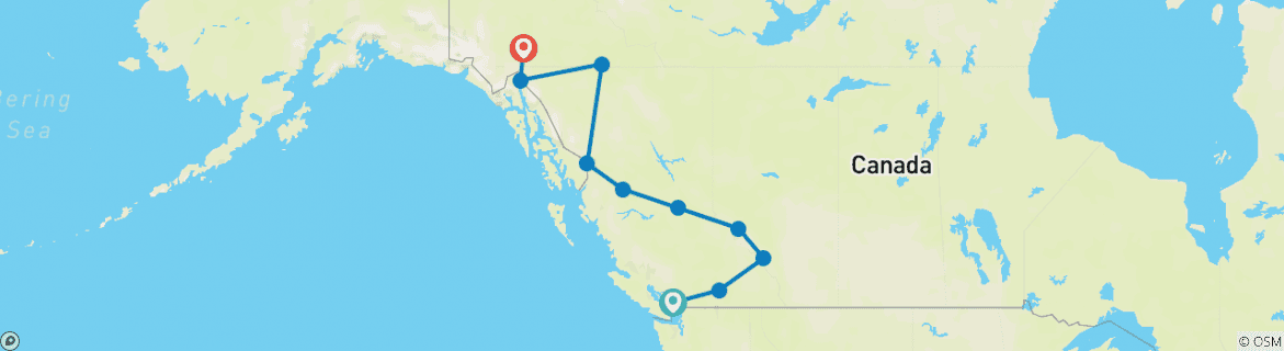 Image of a map showing the route of the tour