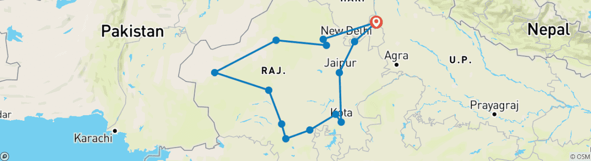 Image of a map showing the route of the tour