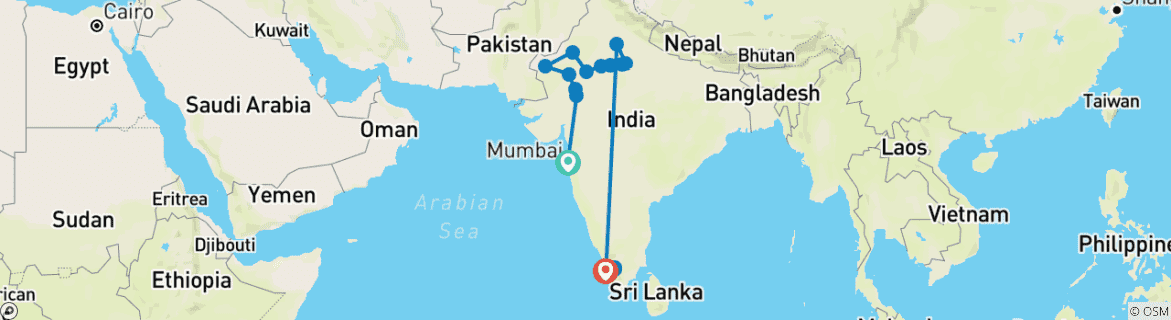 Image of a map showing the route of the tour