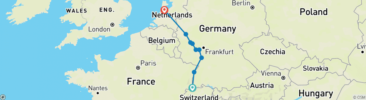 Image of a map showing the route of the tour