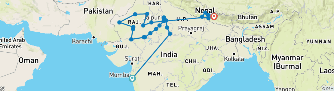 Image of a map showing the route of the tour