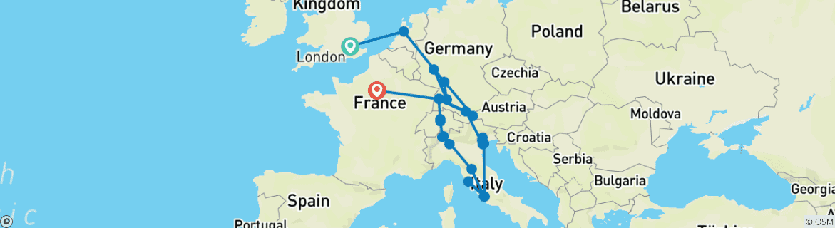 Image of a map showing the route of the tour