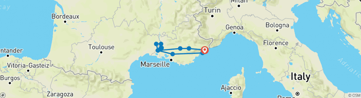 Image of a map showing the route of the tour