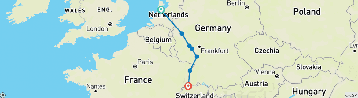 Image of a map showing the route of the tour