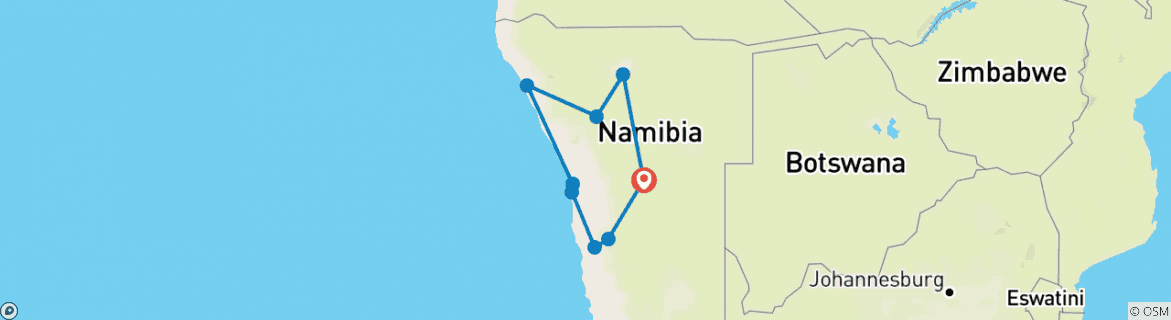 Image of a map showing the route of the tour
