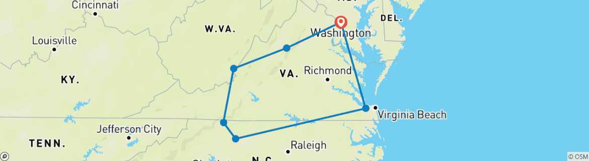 Image of a map showing the route of the tour