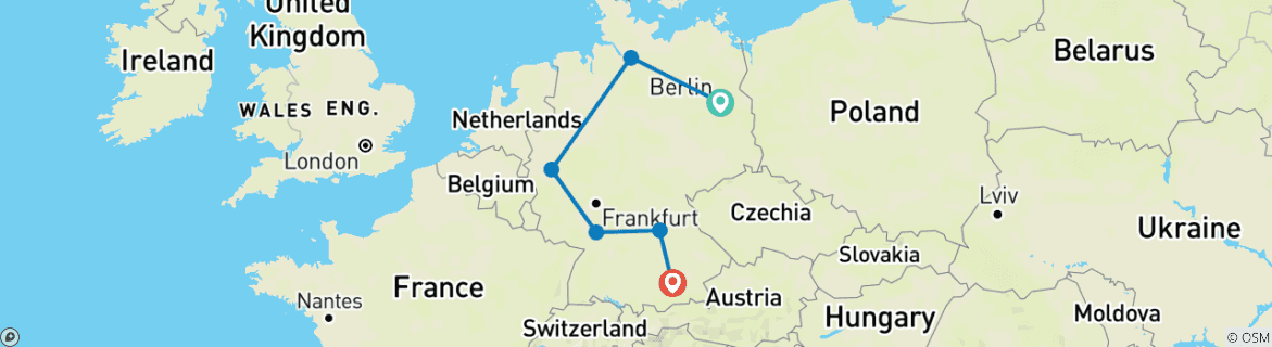 Image of a map showing the route of the tour