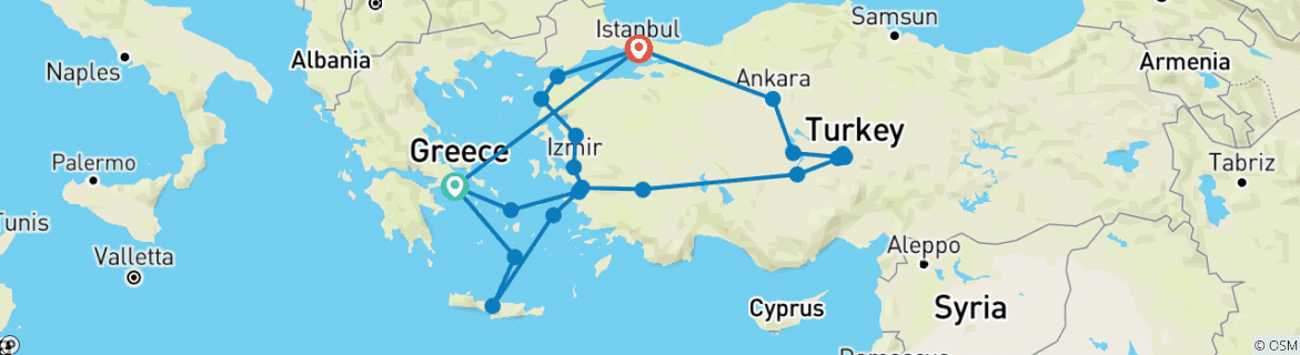Image of a map showing the route of the tour