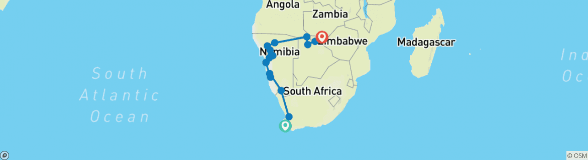 Image of a map showing the route of the tour