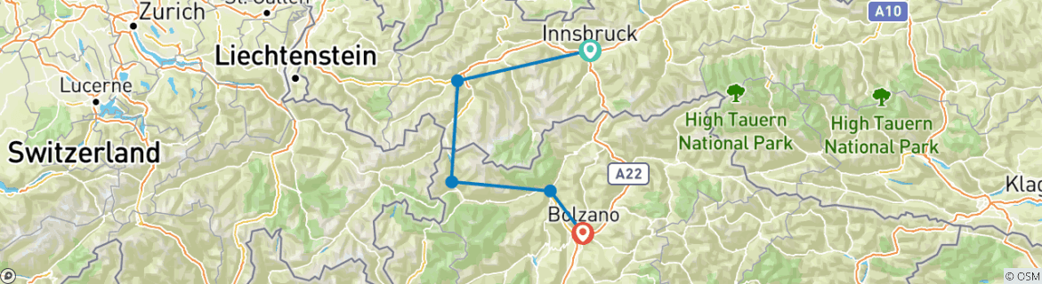 Image of a map showing the route of the tour