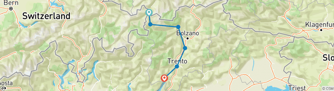 Image of a map showing the route of the tour
