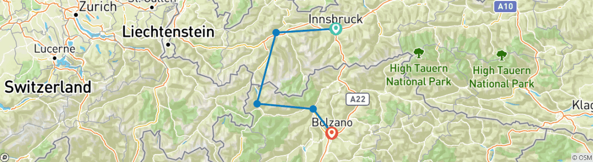 Image of a map showing the route of the tour