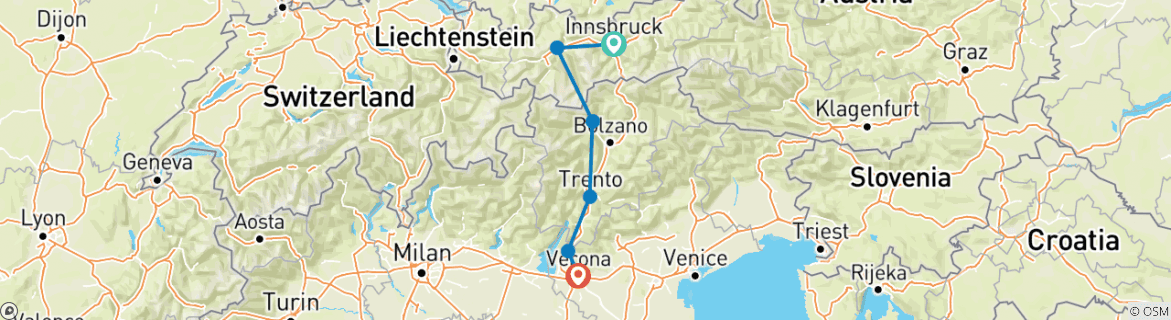 Image of a map showing the route of the tour