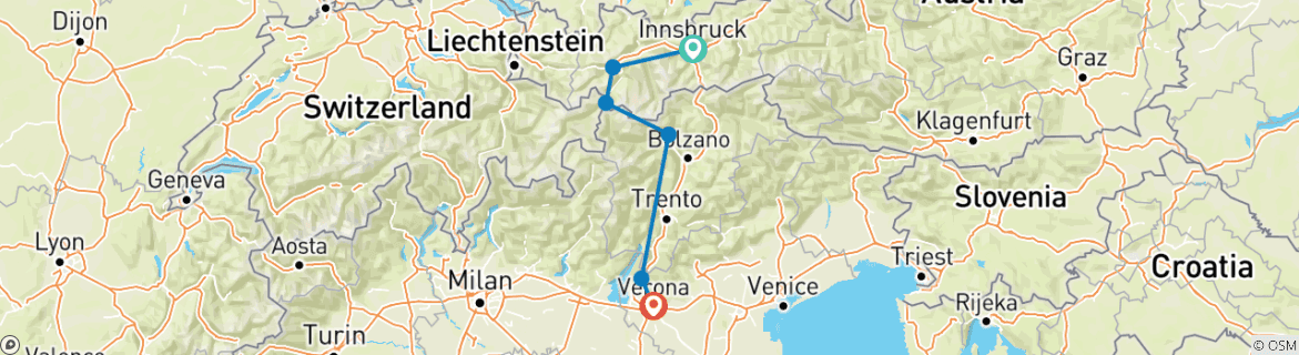 Image of a map showing the route of the tour