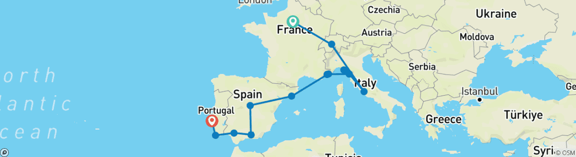Mapa de De París al Mediterráneo: costas y cafés