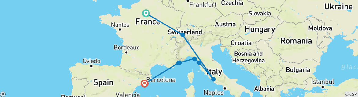 Carte du circuit De Paris à Barcelone : la Tour Eiffel et le train