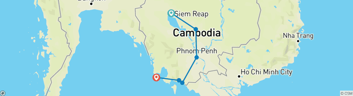 Carte du circuit Cycle Angkor vers les plages du Cambodge