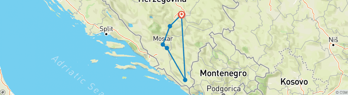 Image of a map showing the route of the tour