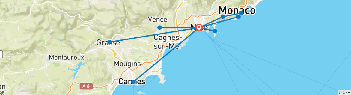 Image of a map showing the route of the tour