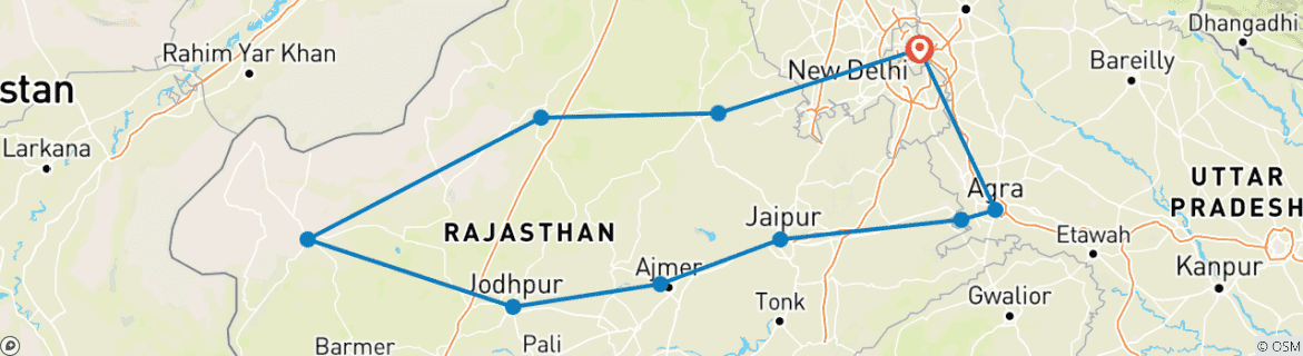 Image of a map showing the route of the tour