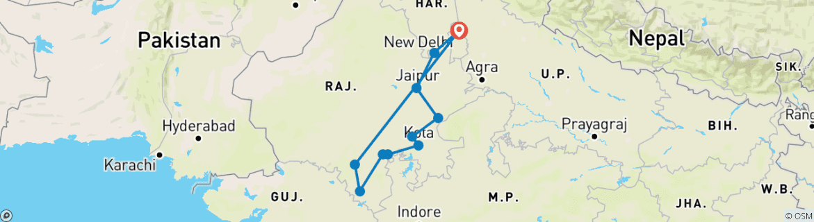 Image of a map showing the route of the tour