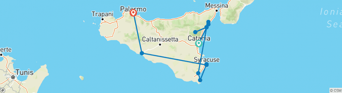 Image of a map showing the route of the tour