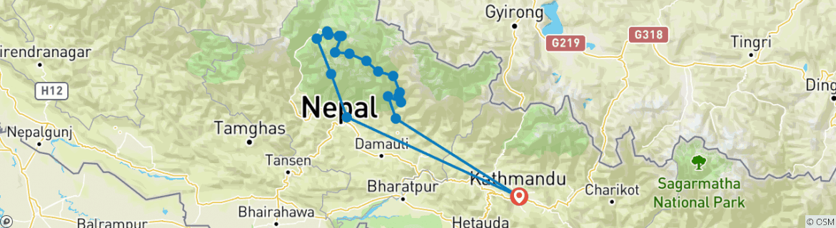 Image of a map showing the route of the tour