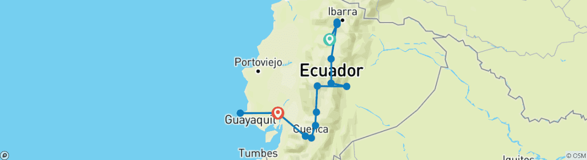 Image of a map showing the route of the tour