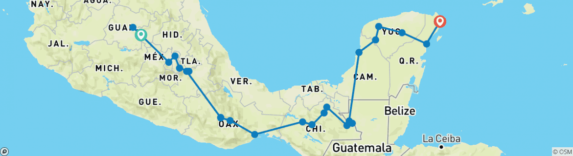 Image of a map showing the route of the tour