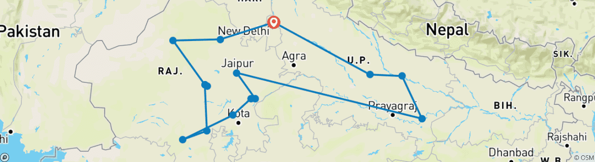 Image of a map showing the route of the tour