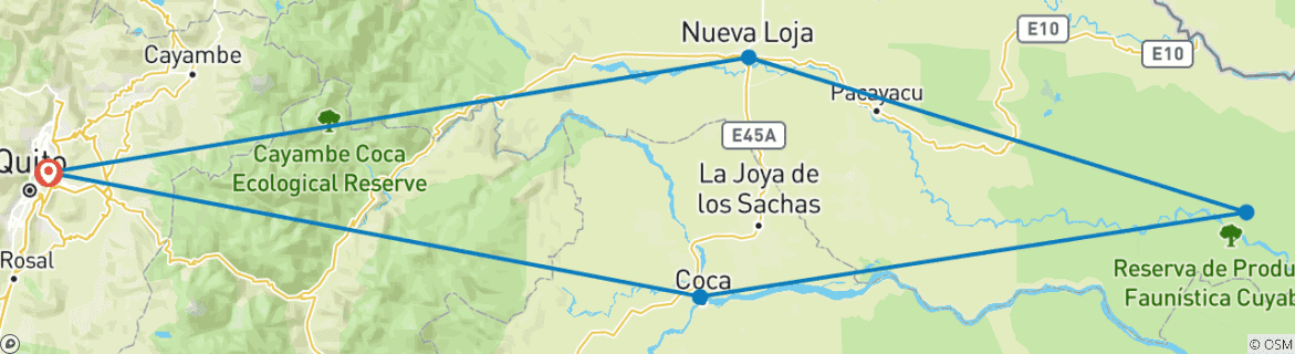 Image of a map showing the route of the tour