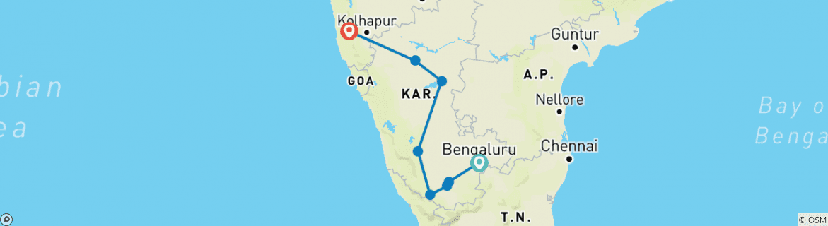 Image of a map showing the route of the tour
