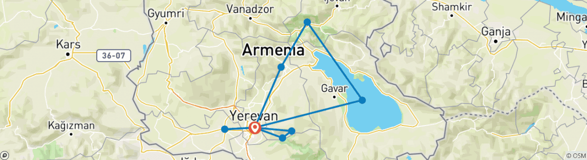 Image of a map showing the route of the tour