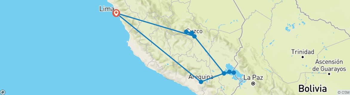Image of a map showing the route of the tour