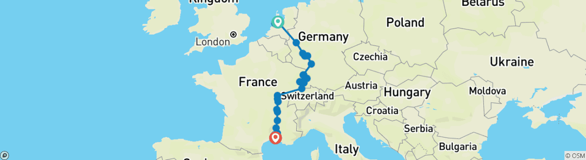 Image of a map showing the route of the tour