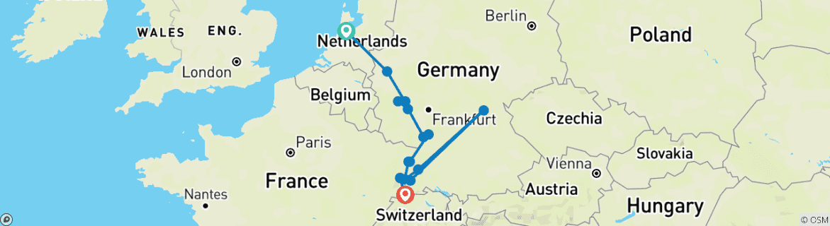 Image of a map showing the route of the tour
