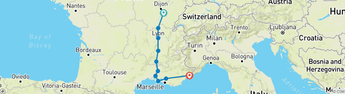 Image of a map showing the route of the tour