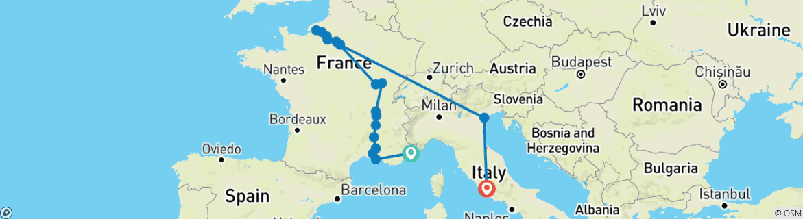 Image of a map showing the route of the tour