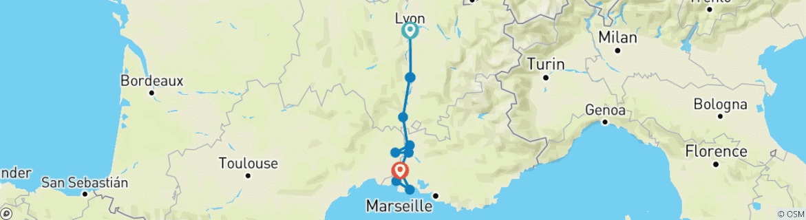 Image of a map showing the route of the tour