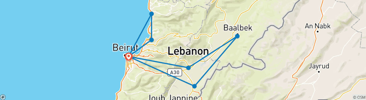 Image of a map showing the route of the tour